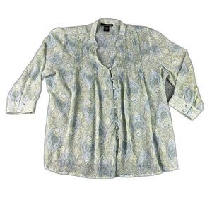 Willie Smith Women's Size Large Blouse button & loop Pleated Semi Sheer